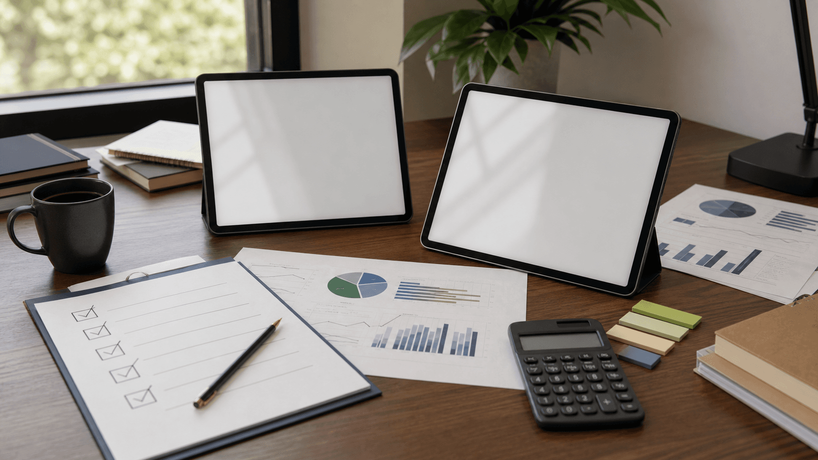 Broker comparison desk with blank tablets
