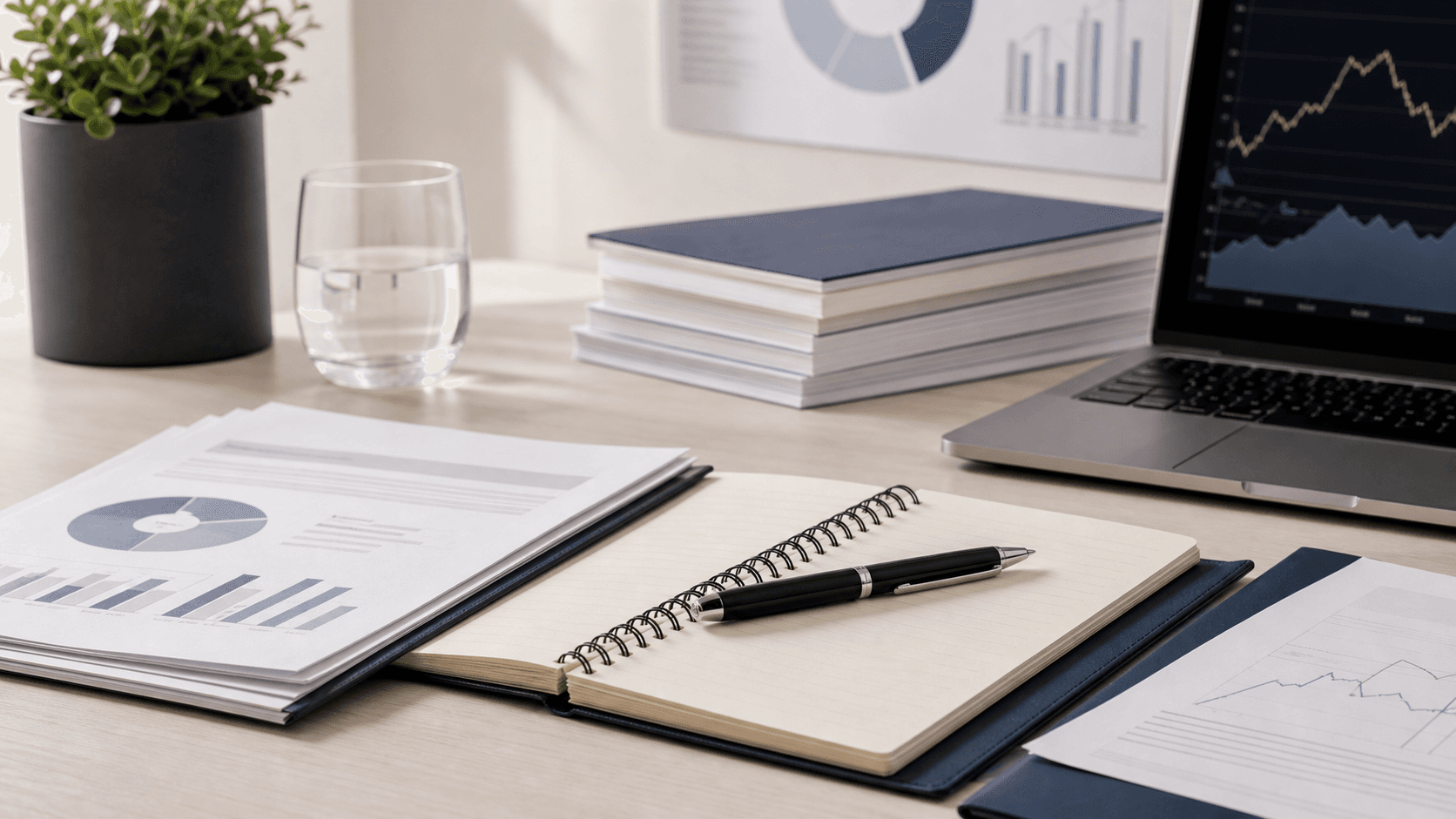 Independent broker research desk with neutral documents and charts
