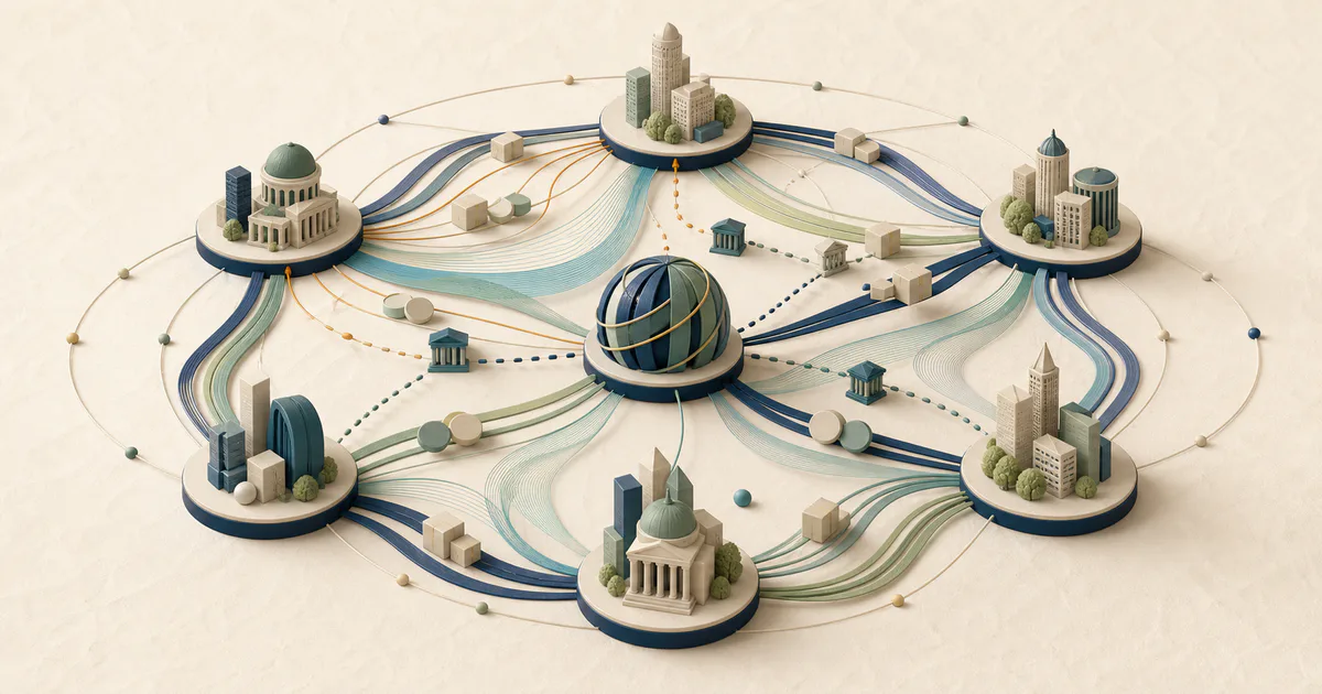 Regional hubs connected by global flows of goods, services and capital