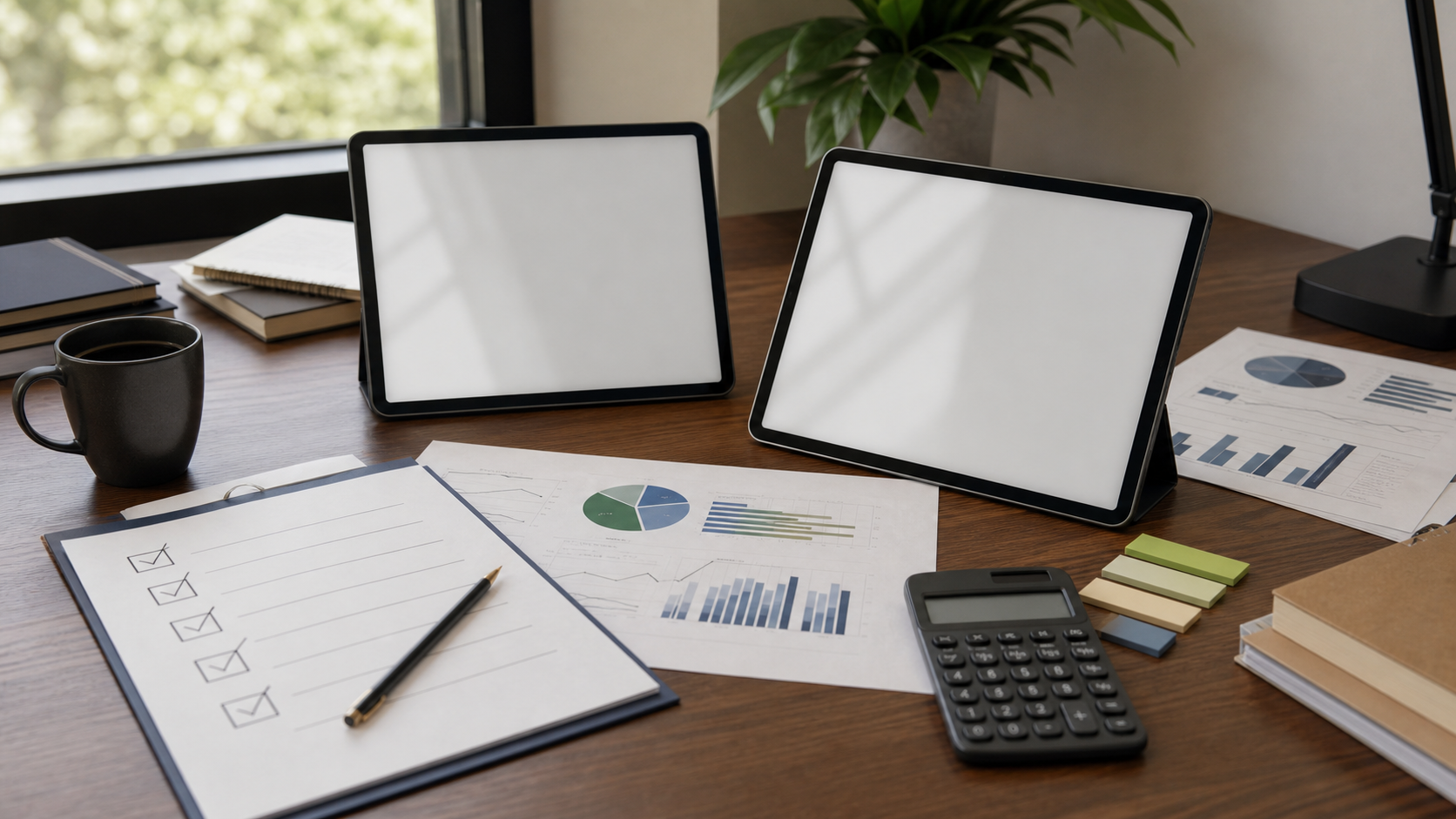 Broker comparison desk with blank tablets