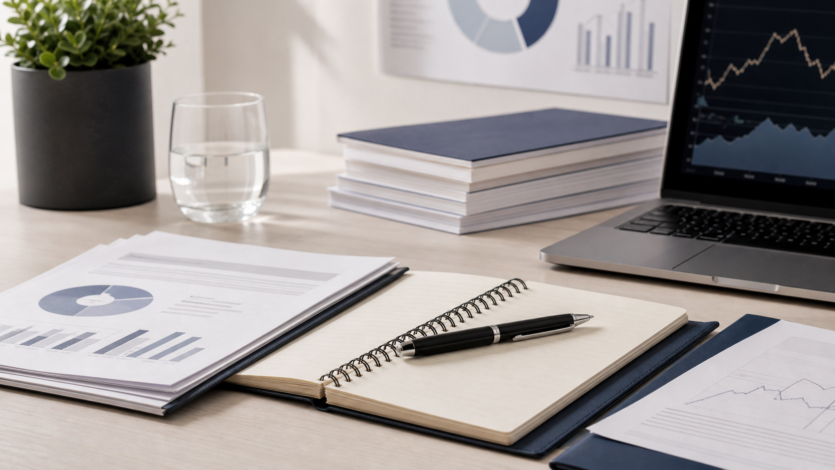 Independent broker research desk with neutral documents and charts